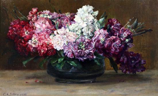 Catherine A. Lilley (Exh. 1887-1910) Still life of stocks in a glass vase 10 x 16in.